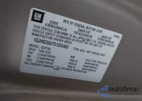 2005 GMC Savana Standard from USA, damaged, VIN 1GJHG39U751253493